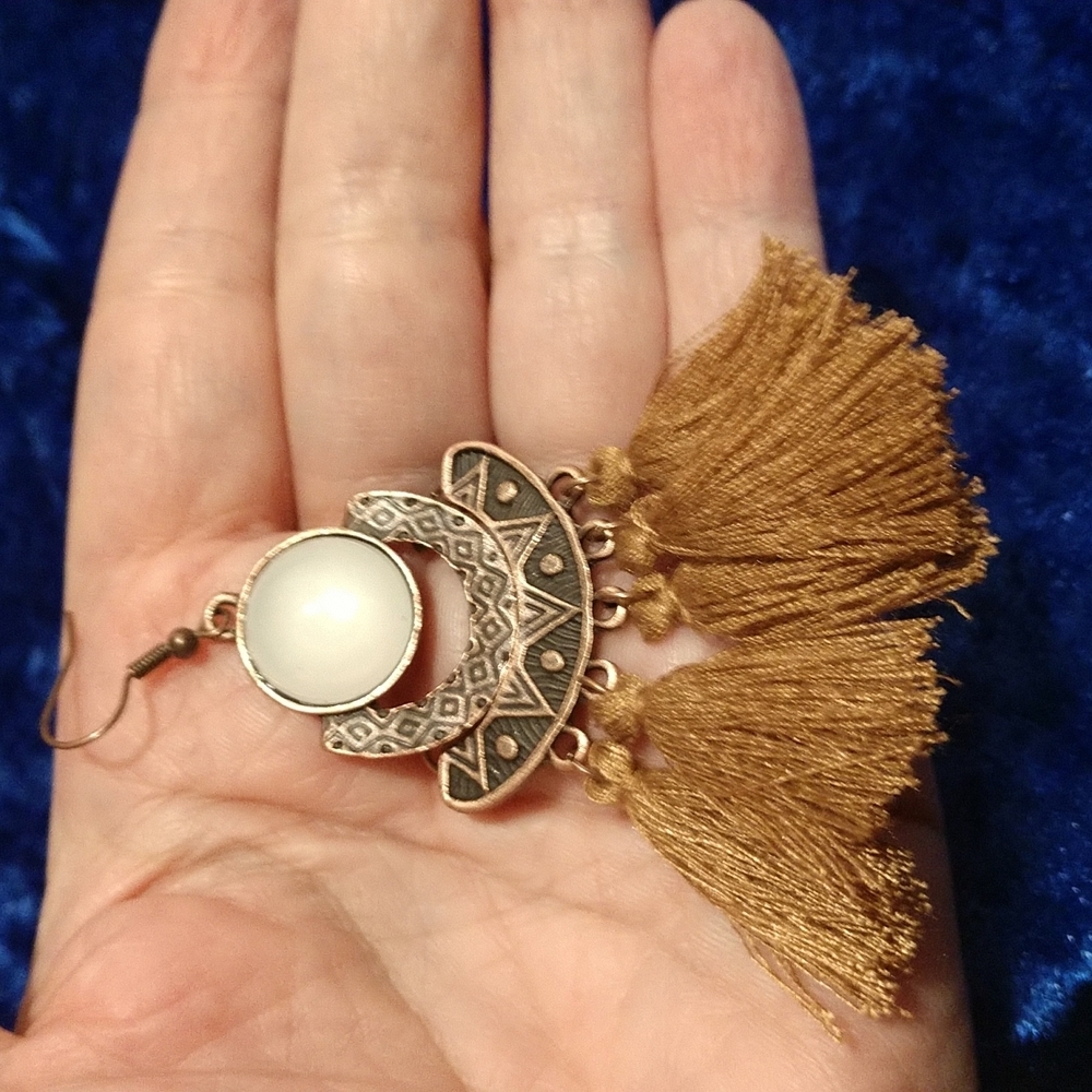 Moonstone Bronze Brown Tassel 3.5" Fishhook Earring Aztec Lightweight - Picture 4 of 5